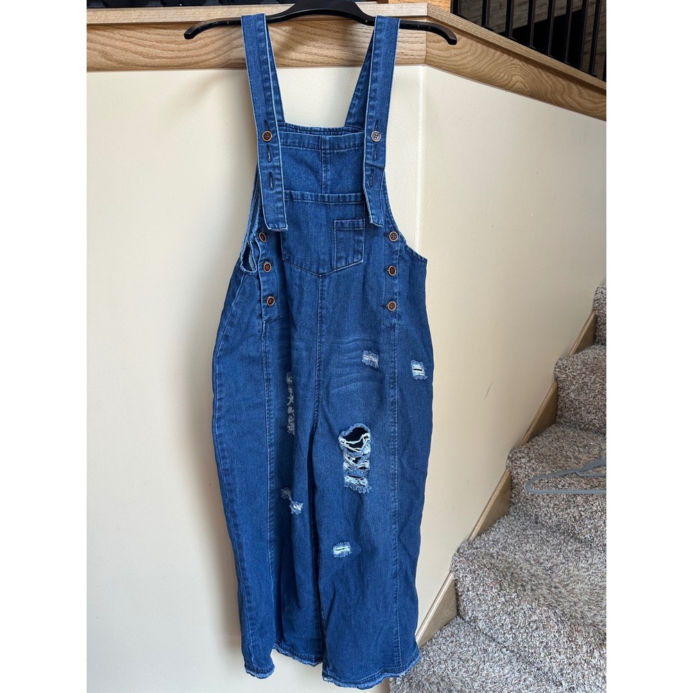 Distressed Denim Overalls Navy Blue Ripped Wide Leg Dungarees SZ M
